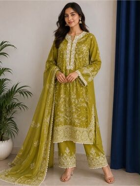 JUNAID JAMSHED Embroidered 3-pcs Long Sleeve Dress in Olive Green